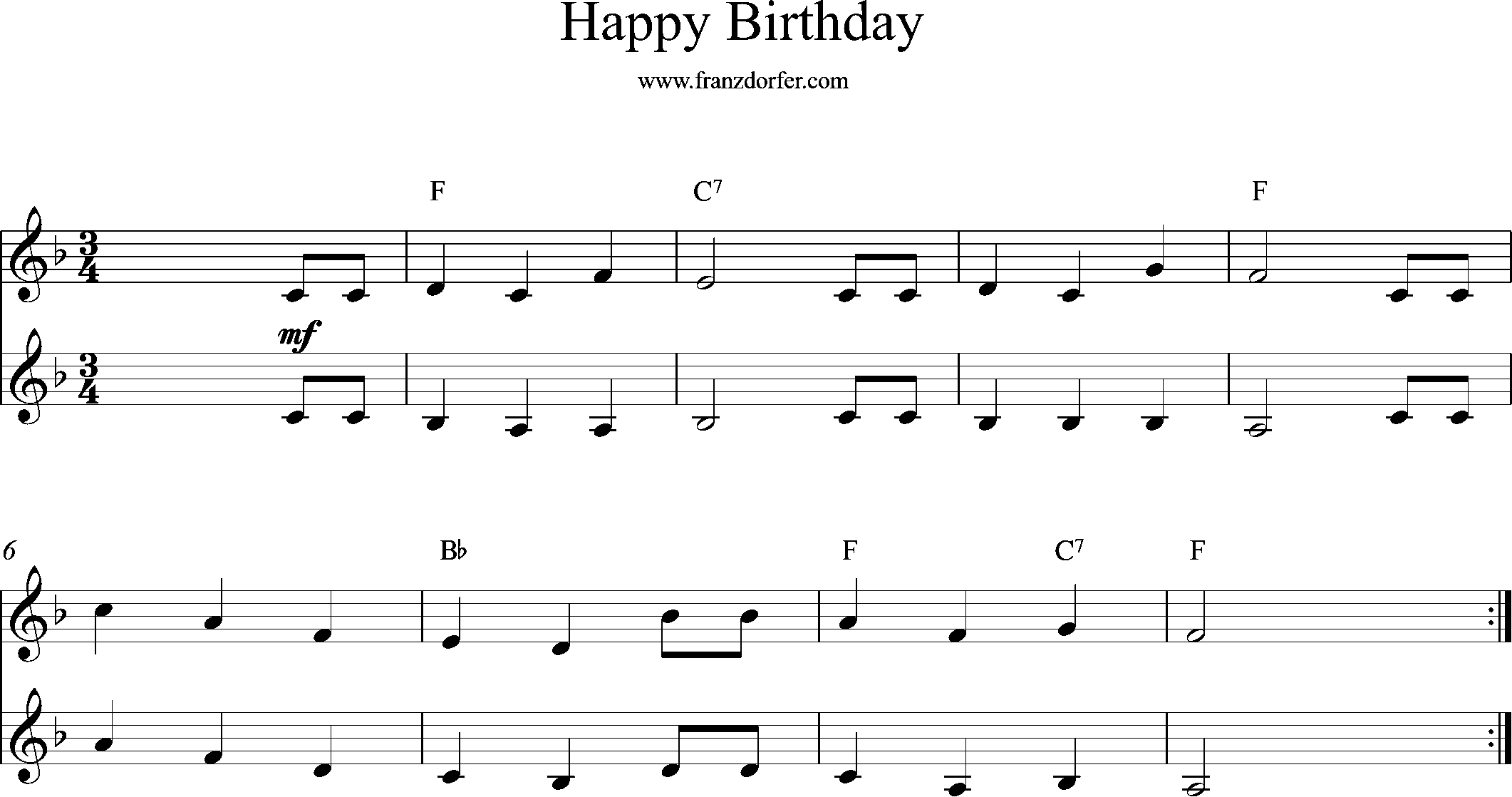 Trompetennoten, Happy Birthday, F-Dur